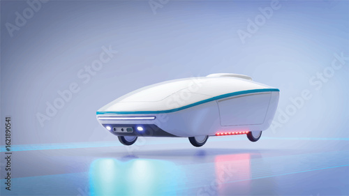 Futuristic white delivery vehicle with blue and red lights autonomous drone