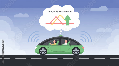 Green car passengers navigation route cloud vector