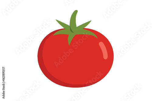 A vibrant red tomato with a green stem and leaves, depicted in a simple, flat illustration style on a white background, perfect for culinary themes.