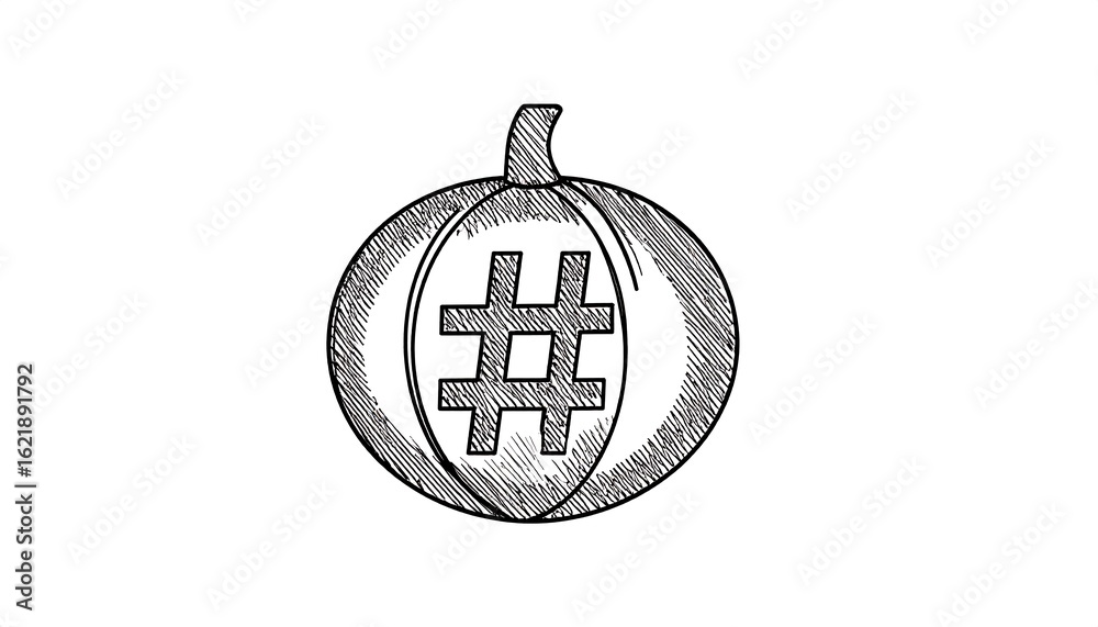 Obraz premium Pumpkin sketch with hashtag symbol, a black and white social media icon
