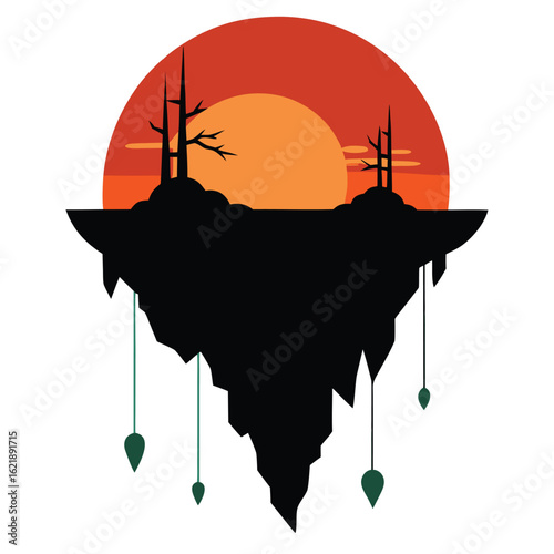 vector retro floating island sunset with