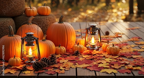 Fototapeta Naklejka Na Ścianę i Meble -  Cozy autumn evening scene with glowing lanterns, pumpkins, and fall leaves on a wooden surface, evoking a warm thanksgiving holiday atmosphere