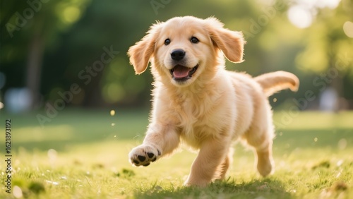 Golden Retriever Puppy Running on Grass in a Park