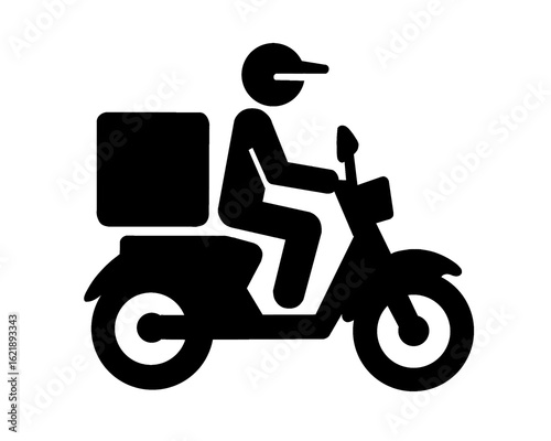 Courier silhouette, motorcycle icon carrying package, order delivery, isolated icon on white background
