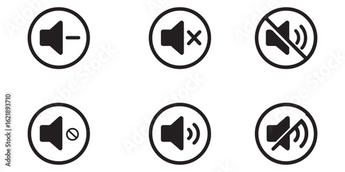 Set of Speaker Icons Featuring Mute, Unmute, and Volume Control Symbols for User Interface