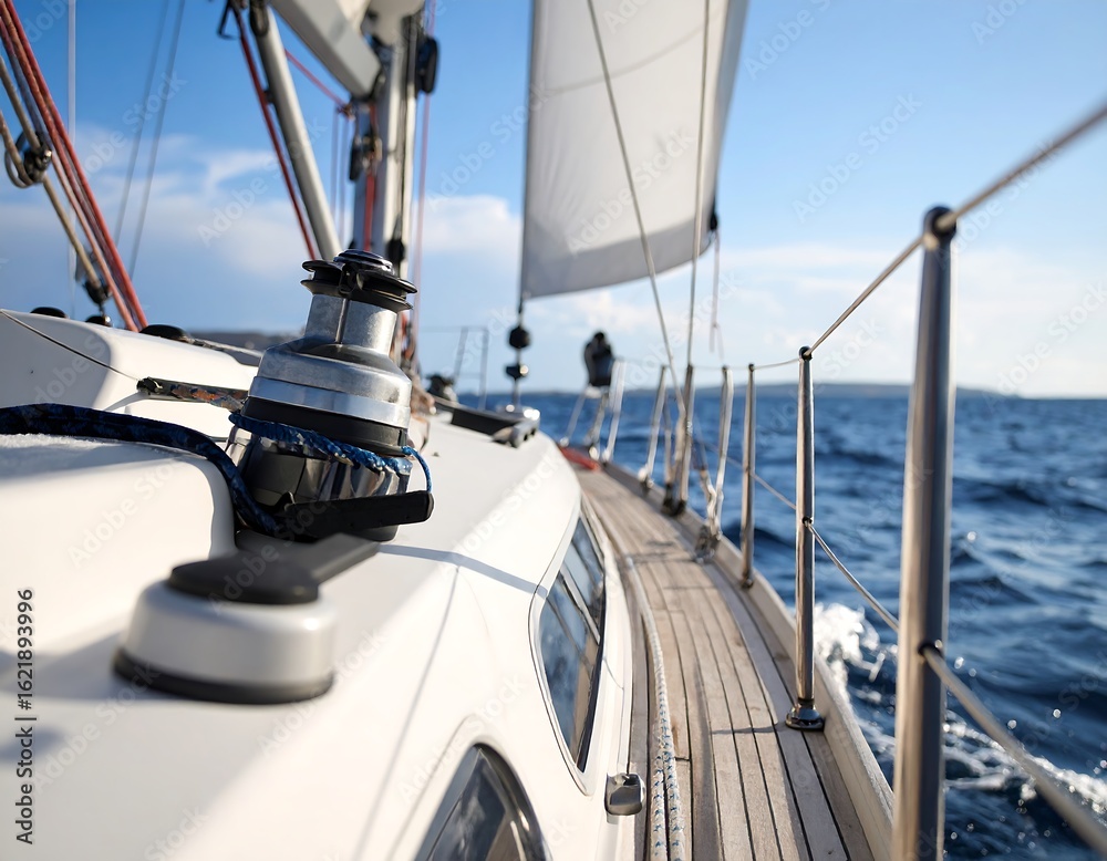 Fototapeta premium Sailing adventure on a beautiful sunny day, view from a yacht deck over blue sea