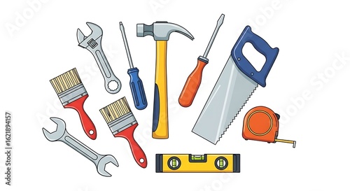 Colorful vector illustration showcasing a variety of essential hand tools commonly used for