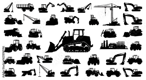 Construction Equipment Silhouette Collection Showcasing Various Heavy Machinery