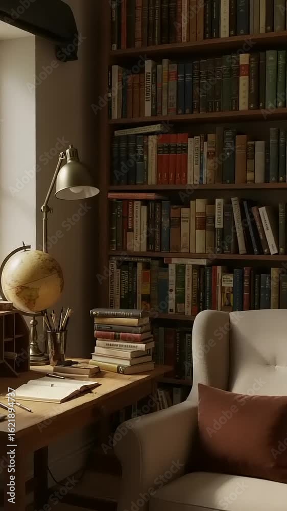 Cozy study with books, globe, and natural light Cozy study with books, globe, and natural light