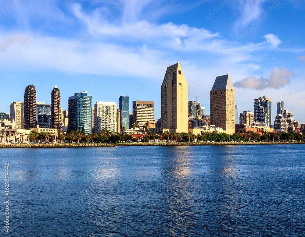 Fototapeta premium San Diego Skyline with Clear Blue Skies and Reflected Blue Water in the Bay