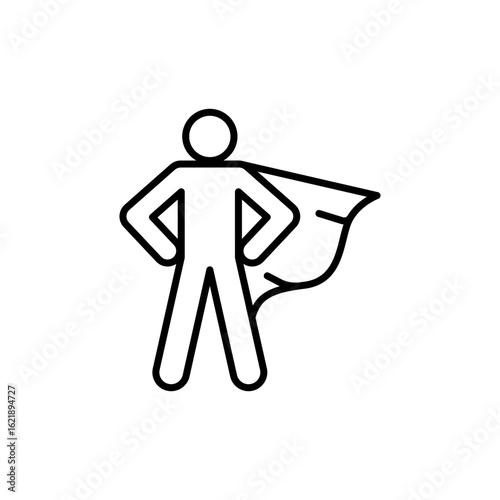 Heroic man with cape icon, superhero symbol in thin line style, bravery and super power representation, proud confident pose.