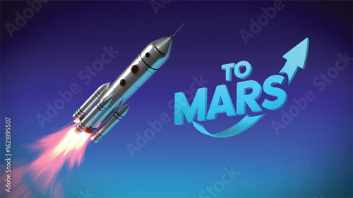Silver rocket ascending with fiery exhaust and blue text to mars space travel