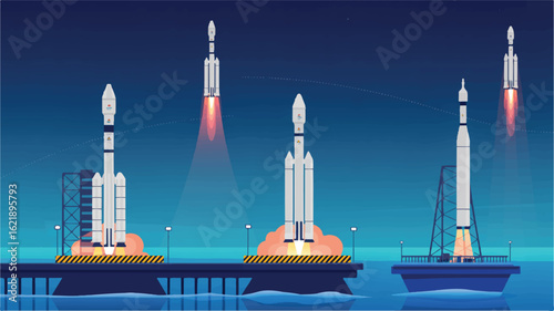 White rockets ascend into dark blue sky launch space vector