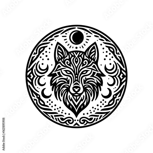 Outline of a tribal wolf head with crescent patterns