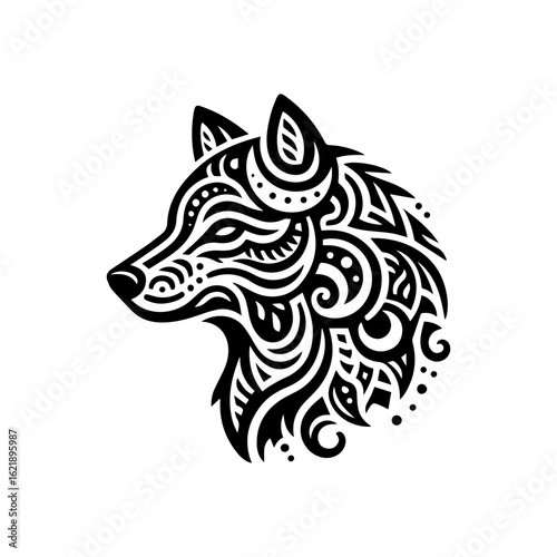 Outline of a tribal wolf head with crescent patterns