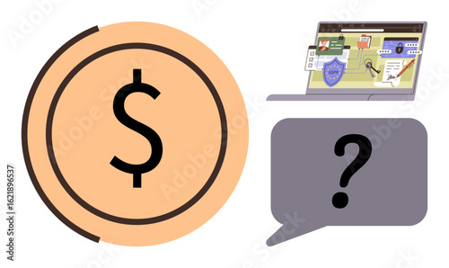 Dollar sign in orange coin, laptop with dashboard, speech bubble with question mark. Ideal for finance, budgeting, digital economy, financial literacy, problem solving, e-commerce decision-making
