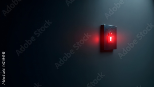 Glowing unsecured padlock icon on a wall, symbolizing security risk or vulnerability.