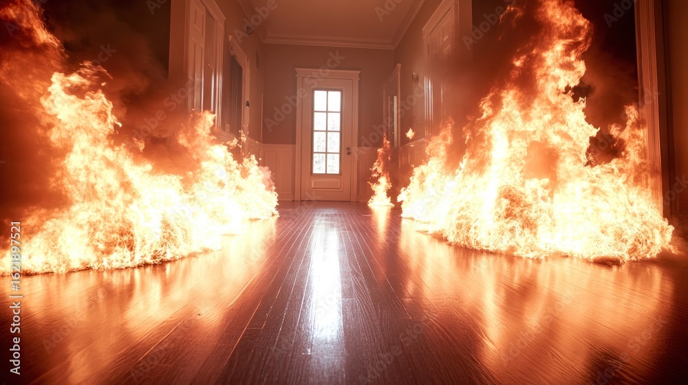 Naklejka premium Burning hallway. Fiery flames engulfing a hallway