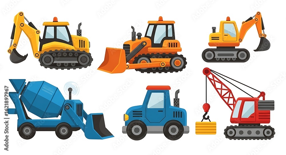Naklejka premium Colorful Cartoon Construction Vehicles Vector Illustration for Children's Books and Games