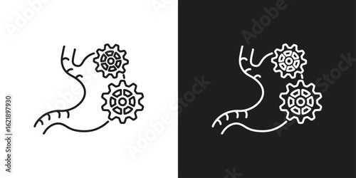 Food digestion line icon. Food digestion icon featuring a stomach with interconnected gears. Perfect for educational materials on the digestive system and biological topics.