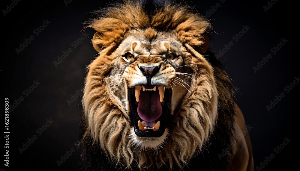 Naklejka premium Majestic lion roars ferociously, powerful predator displaying dominance on dark backdrop