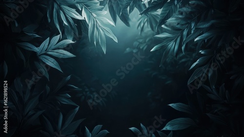 Detailed teal foliage in a dark, misty setting.