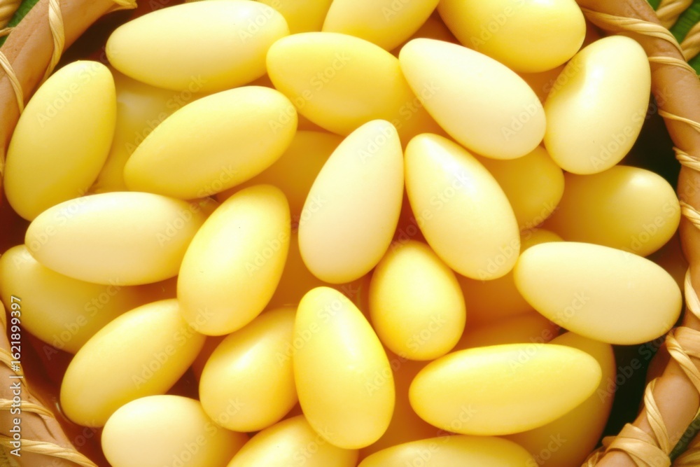 Fototapeta premium Yellow Decorative Eggs in Woven Basket Perfect for Spring Celebrations