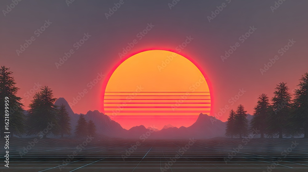 Obraz premium Retro sunset over a digital landscape (1)