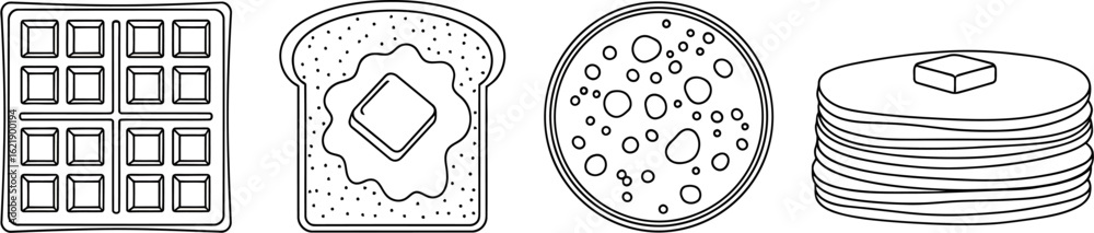 Obraz premium Breakfast food vector icon set. Line art illustration of classic morning meals like waffles, toast, and pancakes.