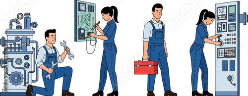 Vector illustration set of industrial workers and mechanics repairing machinery and equipment in a factory
