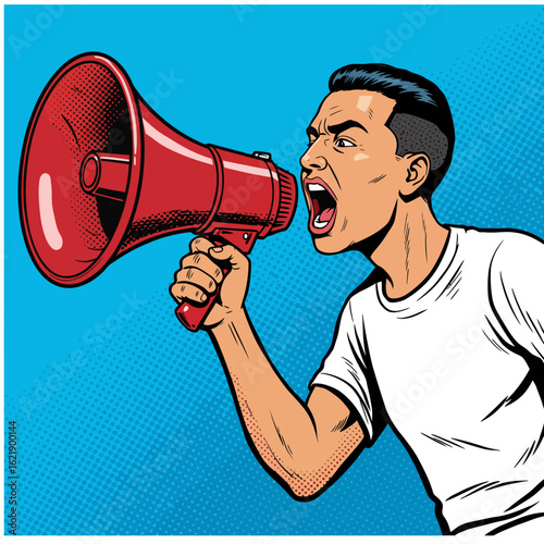 A man with dark hair shouting loudly into a red megaphone, expressing strong feelings.