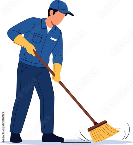 Male custodian character in blue uniform sweeping the ground. Janitorial service vector illustration.