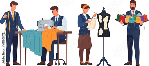 A team of professional tailors and designers at work in a fashion studio, measuring, sewing, and crafting clothing.