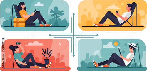 Vector illustration set of people relaxing with digital devices. Men and women using smartphones and tablets for leisure.