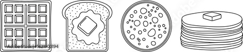 Breakfast food vector icon set. Line art illustration of classic morning meals like waffles, toast, and pancakes.