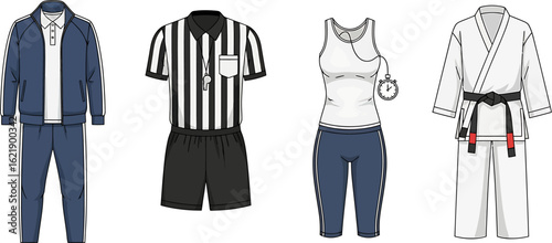 Vector illustration set of sports uniforms and athletic apparel including tracksuit, referee shirt, and martial arts gi.
