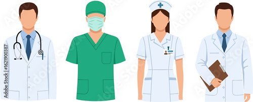 Vector set of medical staff characters with doctor, surgeon, and nurse. Faceless healthcare professionals team.