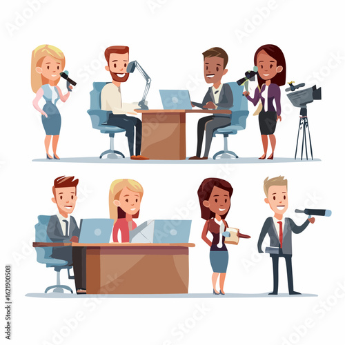 Vector set of media reporter characters. Journalists interviewing, broadcasting news, and working in a newsroom studio.