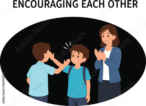 Positive Students Giving High Five Featuring Teacher Clapping Hands in a School Setting, Encouraging Each Other, Showing Support and Teamwork