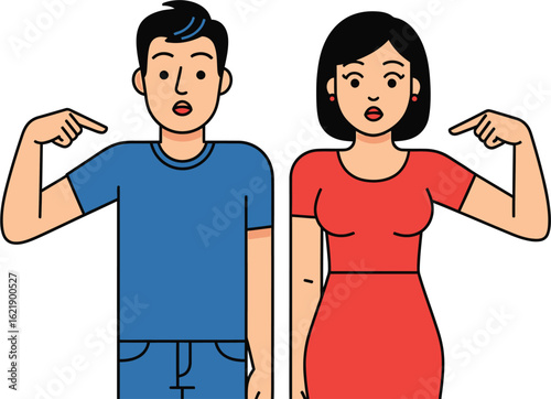 Confused man and woman pointing at themselves with shocked expressions, an isolated flat line vector illustration.