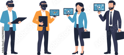 Business team working with virtual reality headsets and digital screens. Vector illustration for technology and innovation vctr concept.