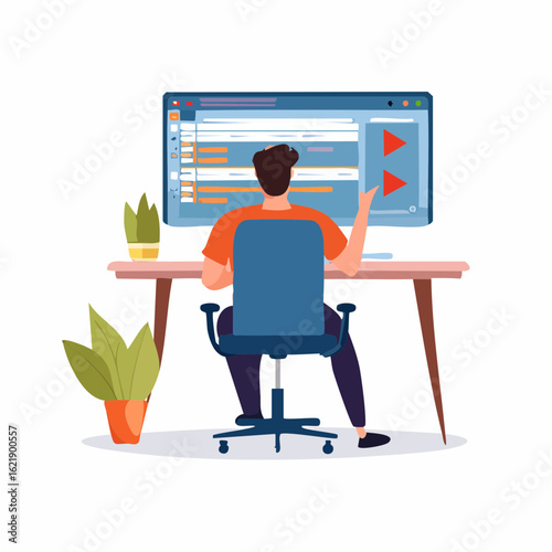 Flat vector character of a video editor working at a desk. Man editing a project timeline on a computer in an office.