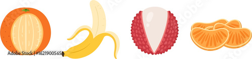 Vector collection of fresh tropical and citrus fruits. Peeled banana, orange, lychee, and mandarin isolated on white.