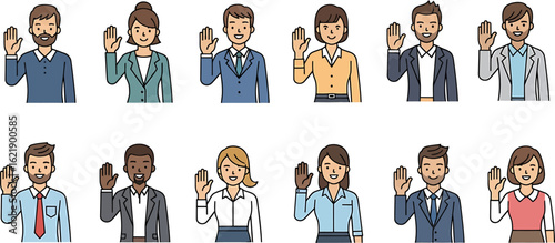 Vector illustration set of diverse business people raising their hands. Multi-ethnic group of professionals taking an oath or voting.