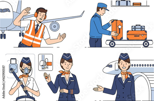 Collection of airport job concepts with airline staff characters. Vector illustrations of aviation professionals at work.