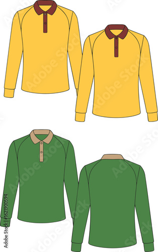  Long-sleeve polo shirts in yellow and green with contrasting collars, versatile men's and women's casual wear, classic apparel template for sports and fashion.