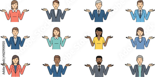 A diverse group of business people shrugging, expressing confusion and uncertainty. Vector illustration set of clueless professionals.