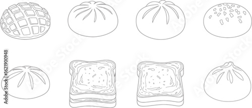 Vector collection of line art bread and buns, including steamed bao, pineapple buns, and toast slices for Asian cuisine