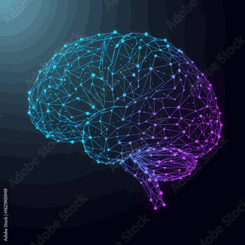 A stylized, low-poly illustration of a human brain rendered with a gradient color scheme.