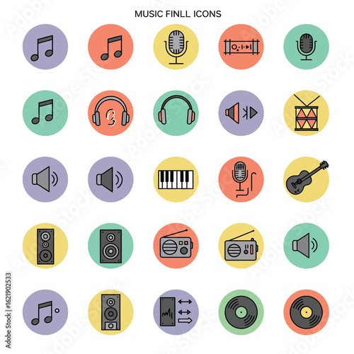 A collection of colorful music-themed icons featuring various audio equipment and musical notes.